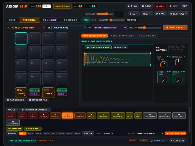 The AXIOM 16-P drum synth: sixteen pads, a sound editor and a step sequencer
