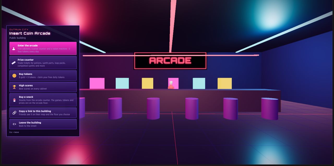 Inside the Insert Coin Arcade with its building menu