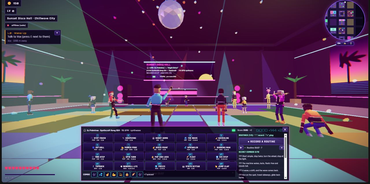 The Sunset Disco Hall in SynthCraft: players dancing under a disco ball